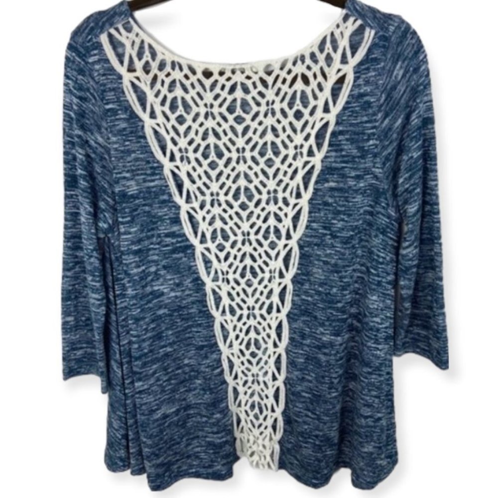 Umgee Peppered‎ Knit Swing Top Indigo Blue Size Medium Heathered Crochet Sweater